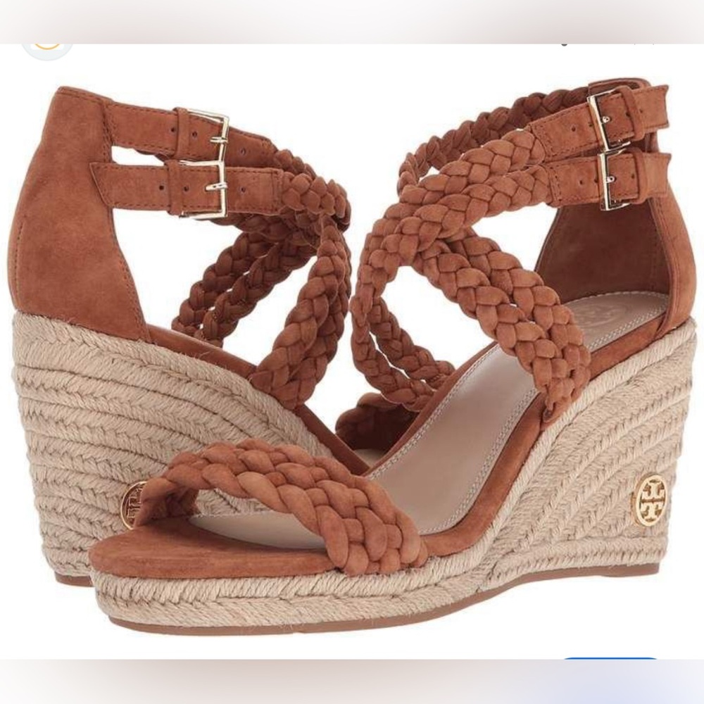 TORY BURCH Bailey Moss Brown Suede Braided Ankle Strap Wedges